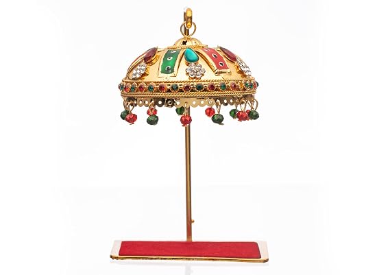 Metal Chhatra Umbrella with Hanging Crystals Home Mandir Showpiece (M 33)