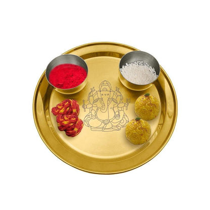 Shri & Sam High Grade Stainless Steel Ganesh Pooja Thali Set Gold PVD Coating