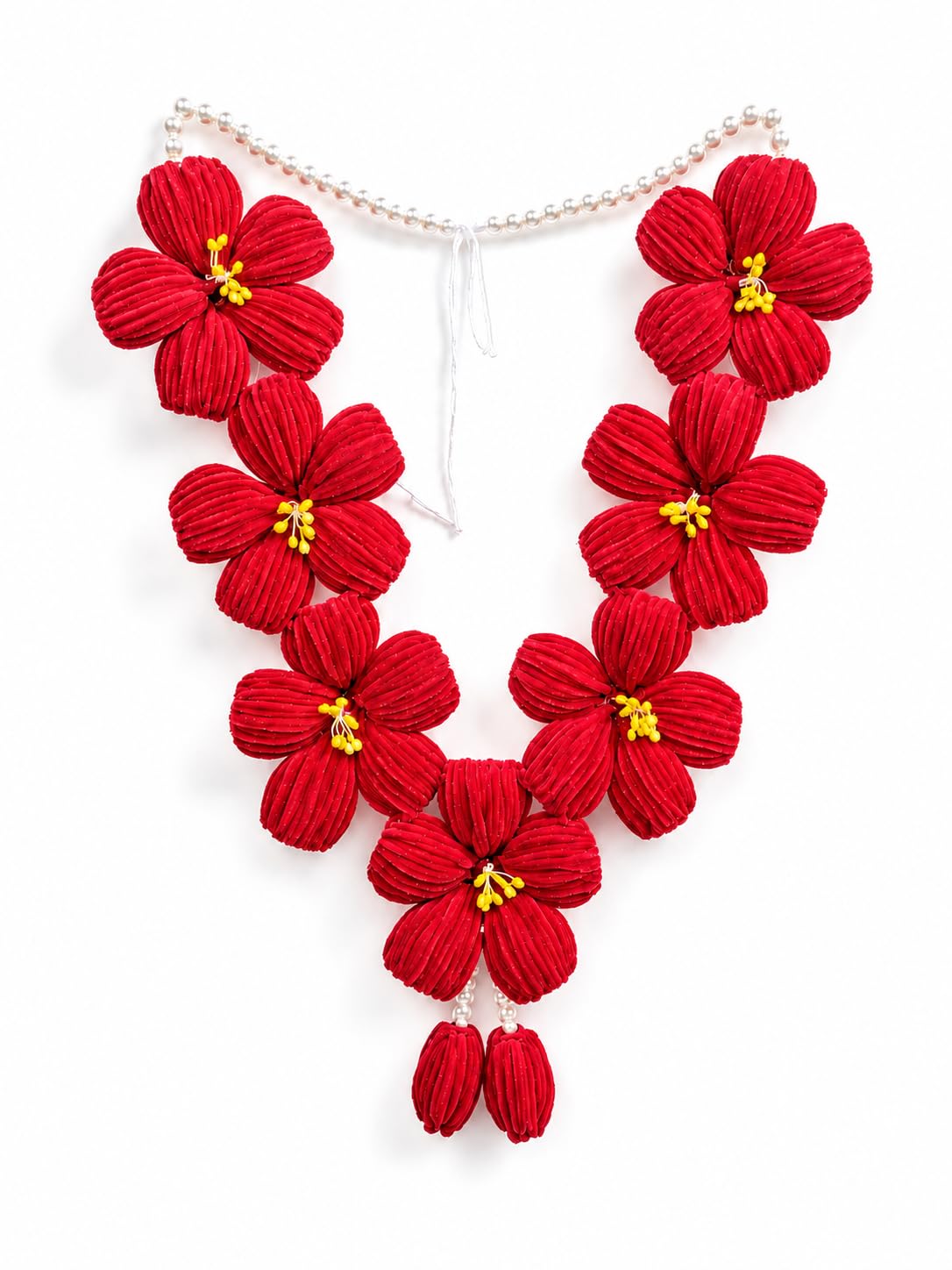 Handmade Artificial White Flower Haar for Ganpati Red With Yellow Centre