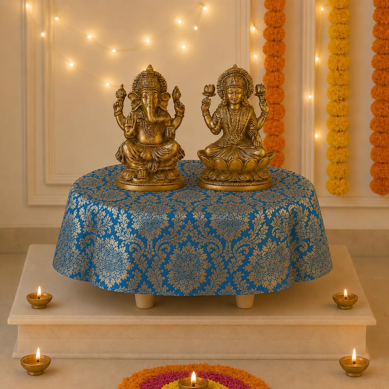 Blue Brocade Silk Round Thali & Chowki Cover | Luxurious Puja Thali Cover
