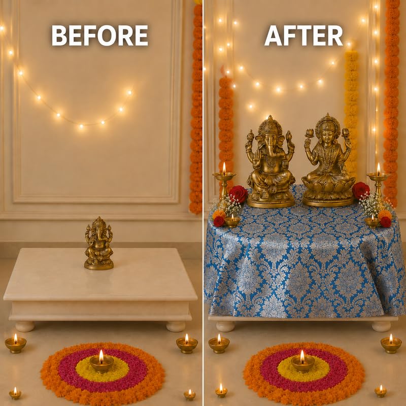 Blue Brocade Silk Round Thali & Chowki Cover | Luxurious Puja Thali Cover