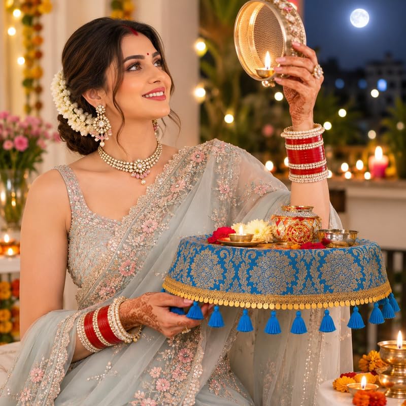 Blue Brocade Silk Round Thali & Chowki