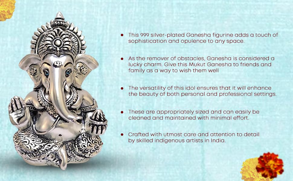 Gold Art India 999 Matte Silver Plated Antique Mukut Ganesha
