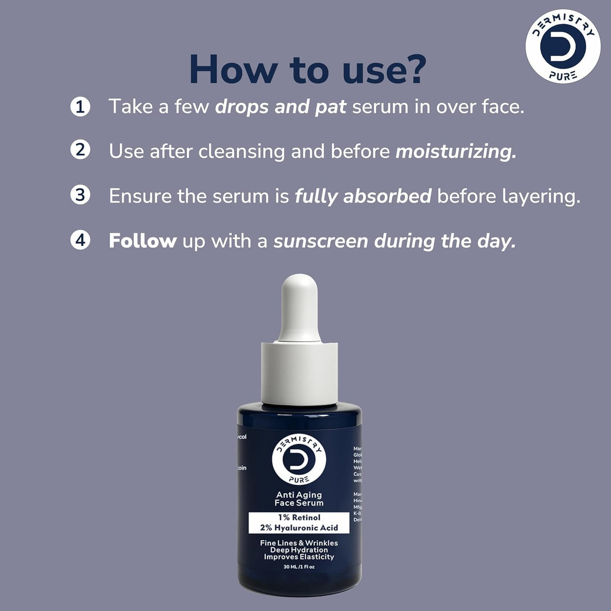 Dermistry 1% Retinol 2% Hyaluronic Acid Face Serum for Skin Care