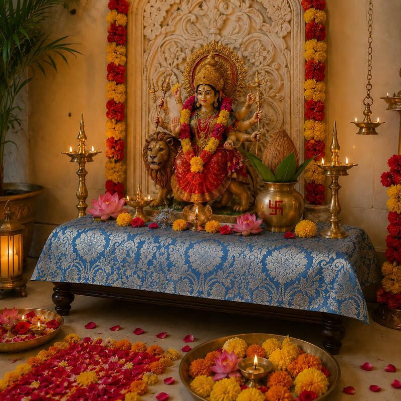 Blue Brocade Silk Luxurious Rectangular Chowki Cover