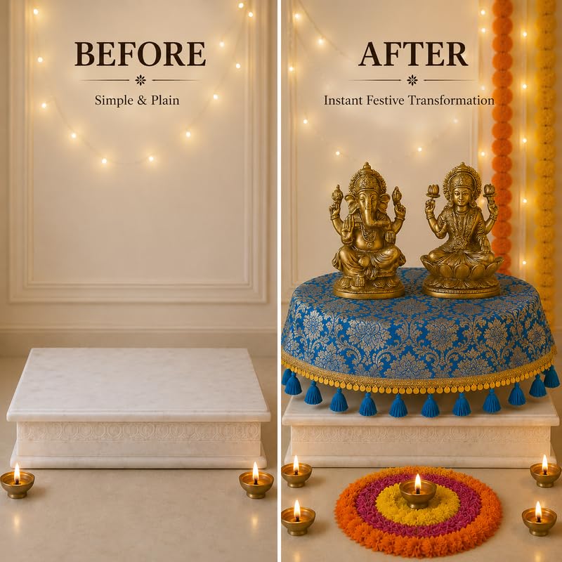 Blue Brocade Silk Round Thali & Chowki