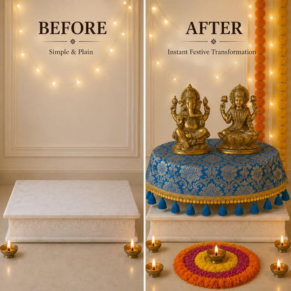 Blue Brocade Silk Round Thali & Chowki