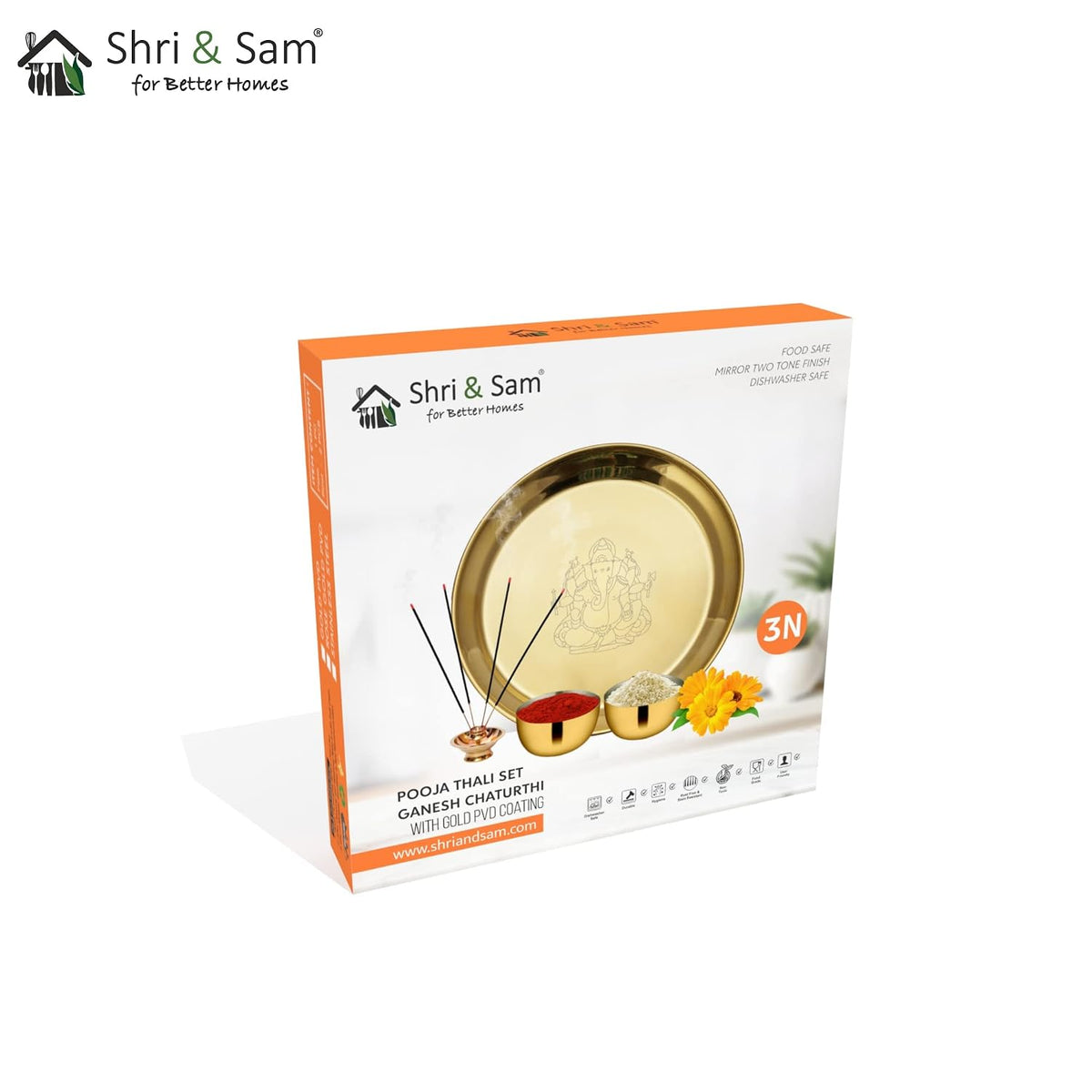 Shri & Sam High Grade Stainless Steel Ganesh Pooja Thali Set Gold PVD Coating