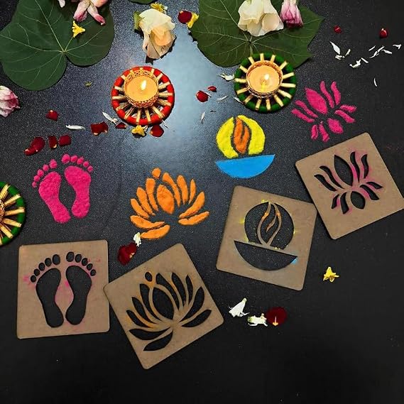 Millionminds Diwali Rangoli Stencil Set 6 Pieces with Om Lotus Diya Swastik Laxmi Charan Ganesha Designs