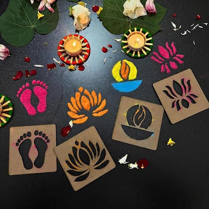 Millionminds Diwali Rangoli Stencil Set 6 Pieces with Om Lotus Diya Swastik Laxmi Charan Ganesha Designs