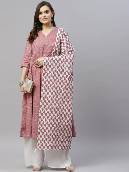 Miravan Women's Pink Cotton Floral Print Anarkali Kurta With Dupatta
