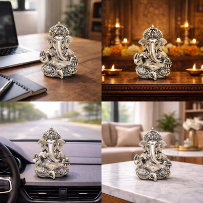 Gold Art India 999 Matte Silver Plated Antique Mukut Ganesha