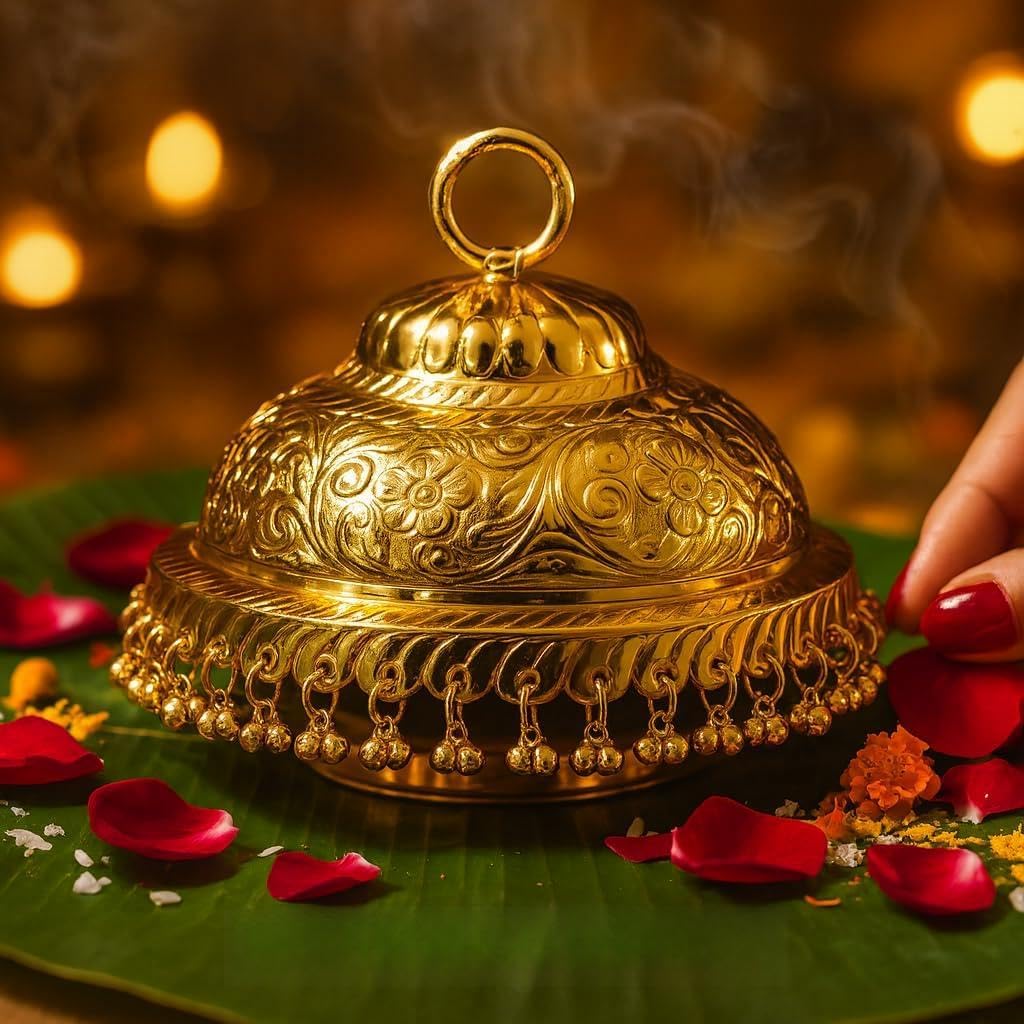 Gold Plated Carved Chatra/Chattar for god and Temple with Attached Hook and Ghunghroo