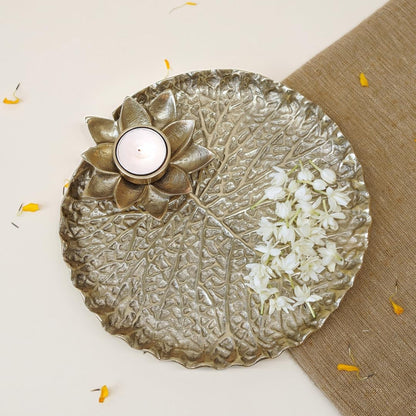 BEHOMA Golden Metal Lotus Pooja Thali with Tea-Light Holder