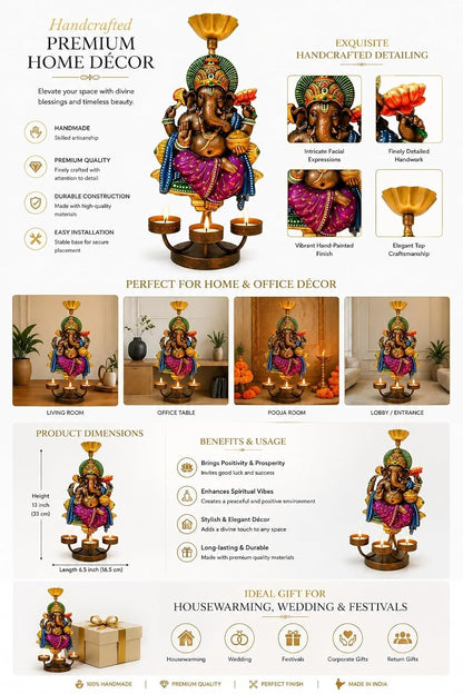 Peshwa Ganesha Diya Stand with Umbrella | Handcrafted Metal Oil Lamp Holder