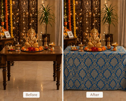 Blue Brocade Silk Luxurious Rectangular Chowki Cover
