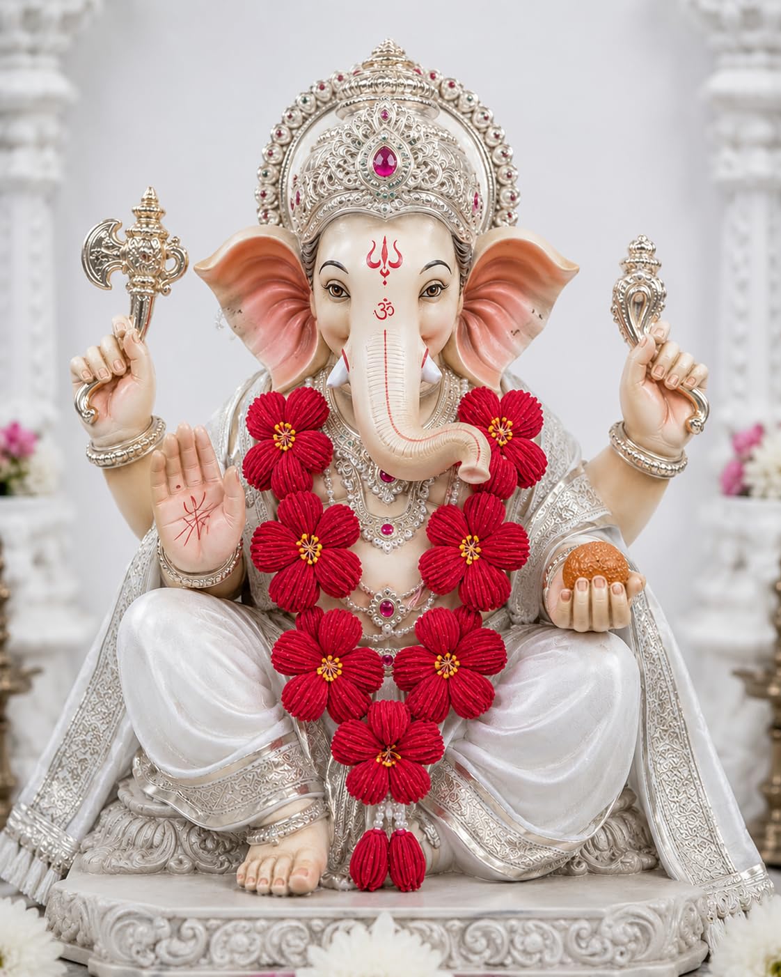 Handmade Artificial White Flower Haar for Ganpati Red With Yellow Centre