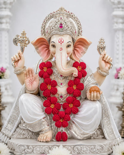 Handmade Artificial White Flower Haar for Ganpati Red With Yellow Centre