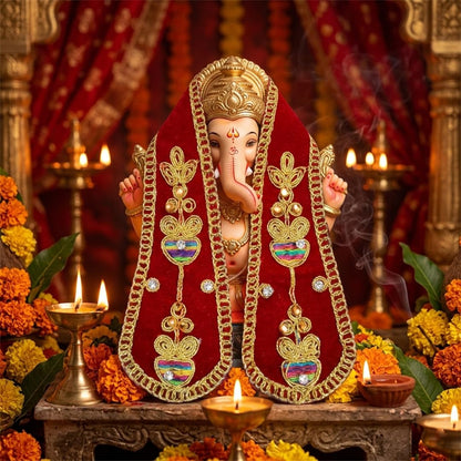 Premium Red Velvet Ganpati Shela with Gold Zari Work & Stone Studs