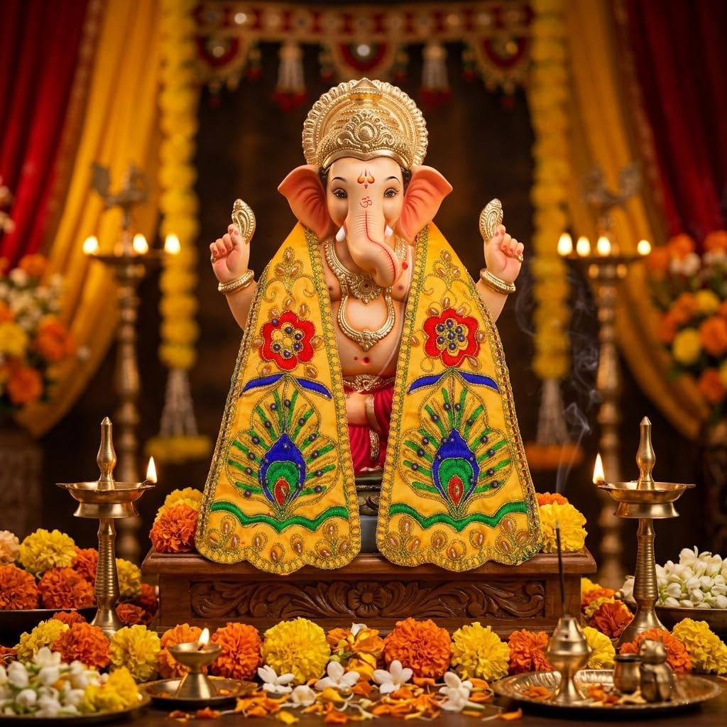 Premium Yellow Ganpati Shela Ganesha Vastra with Peacock Embroidery