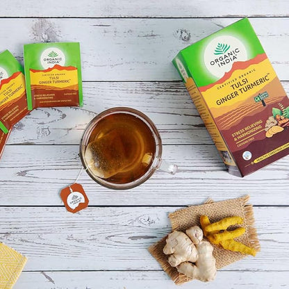 Organic India Tulsi Ginger Turmeric Tea bags - PUSHMYCART