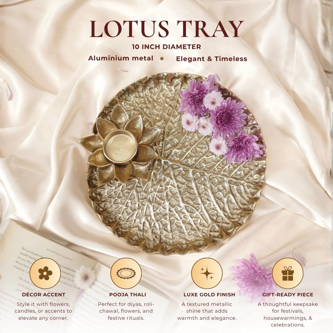 BEHOMA Golden Metal Lotus Pooja Thali with Tea-Light Holder