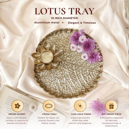 BEHOMA Golden Metal Lotus Pooja Thali with Tea-Light Holder