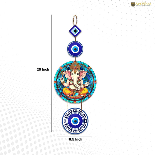 Artvibes Shri Ganesha with Evil Eye Wooden Wall Hanging