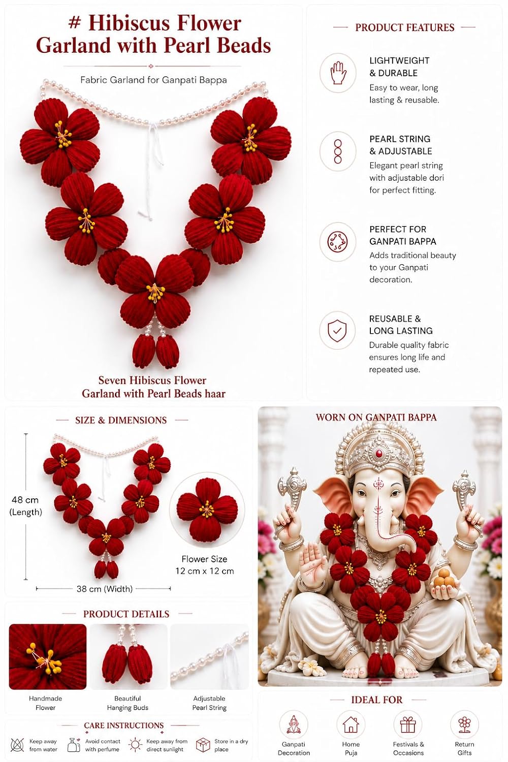 Handmade Artificial White Flower Haar for Ganpati Red With Yellow Centre