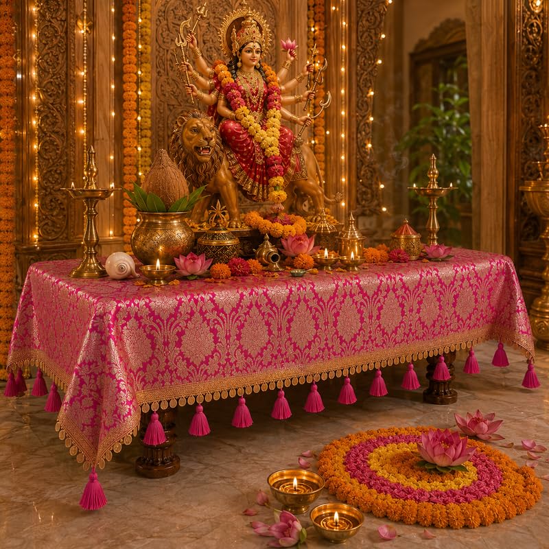 Pink Brocade Silk Luxurious Rectangular Chowki Cover