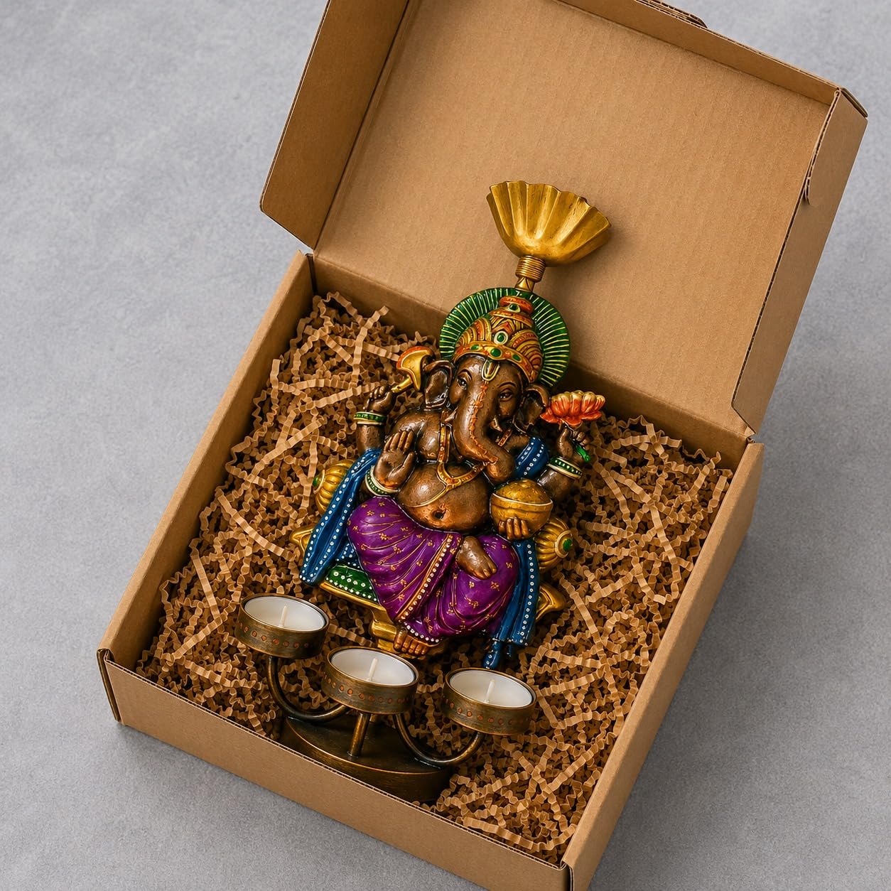 Peshwa Ganesha Diya Stand with Umbrella | Handcrafted Metal Oil Lamp Holder