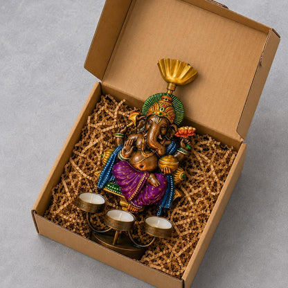 Peshwa Ganesha Diya Stand with Umbrella | Handcrafted Metal Oil Lamp Holder