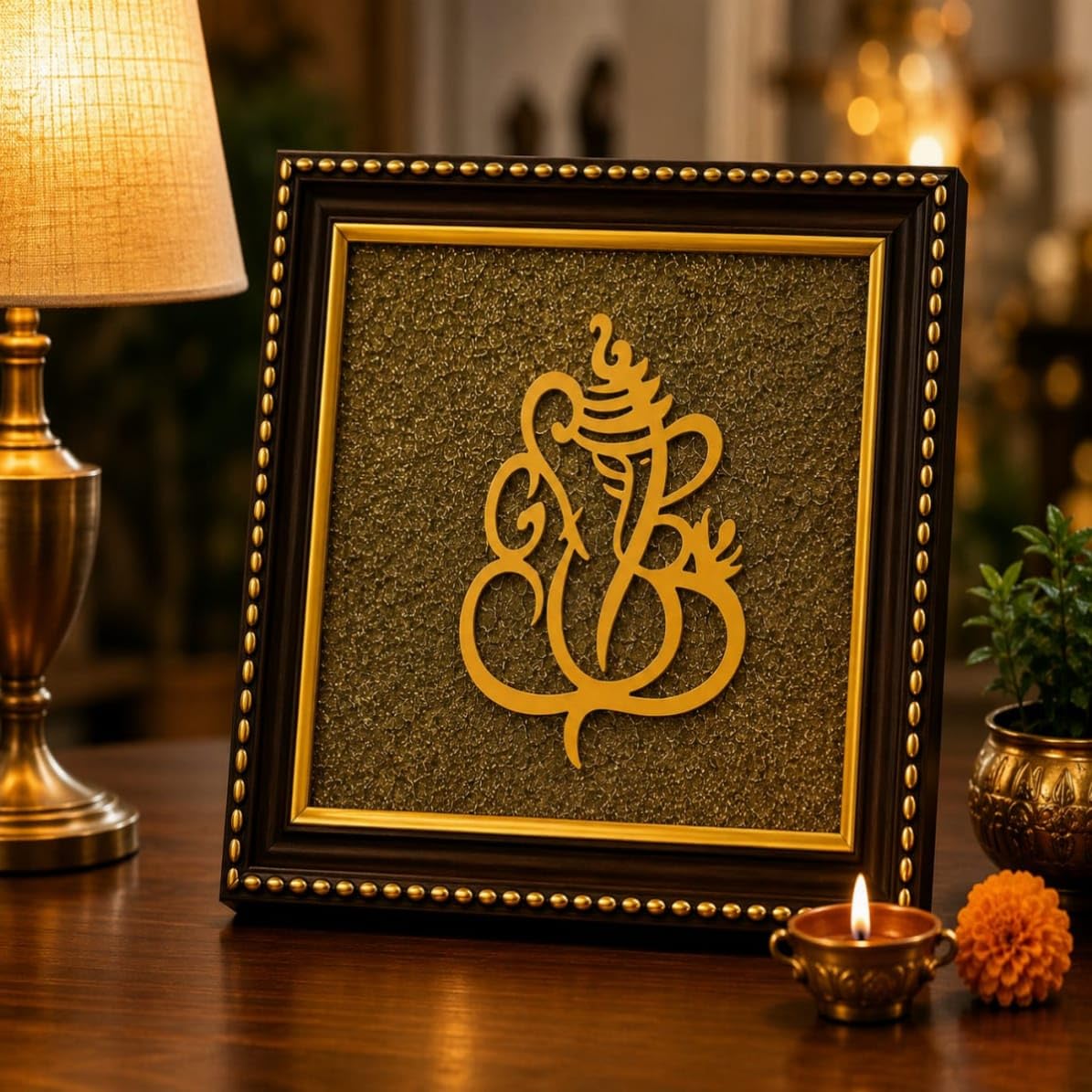 Pyramid Creation Ganesha Pyrite Stone Wooden Wall Frame