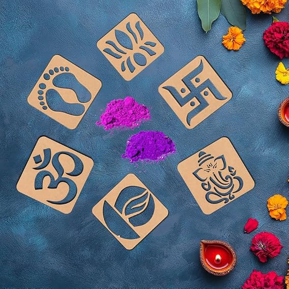 Millionminds Diwali Rangoli Stencil Set 6 Pieces with Om Lotus Diya Swastik Laxmi Charan Ganesha Designs