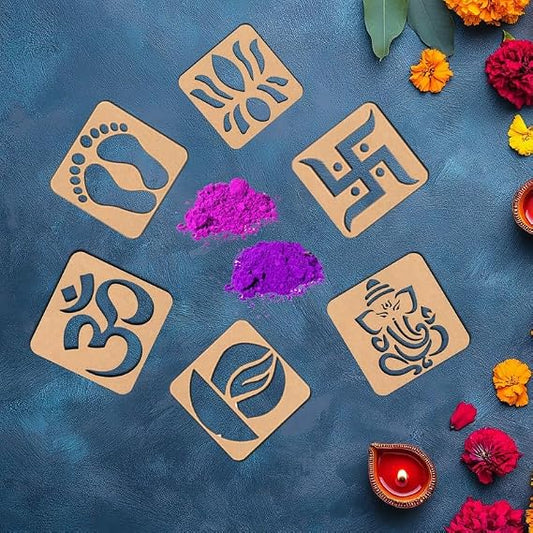 Millionminds Diwali Rangoli Stencil Set 6 Pieces with Om Lotus Diya Swastik Laxmi Charan Ganesha Designs