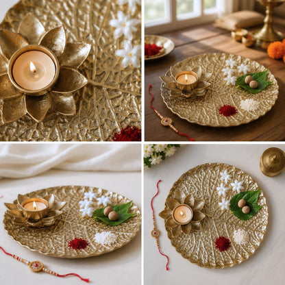 BEHOMA Golden Metal Lotus Pooja Thali with Tea-Light Holder