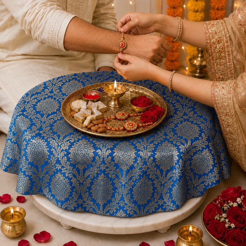 Blue Brocade Silk Round Thali & Chowki Cover | Luxurious Puja Thali Cover