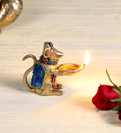 Two Moustaches Brass Ganesha Mouse Oil Lamp Diya