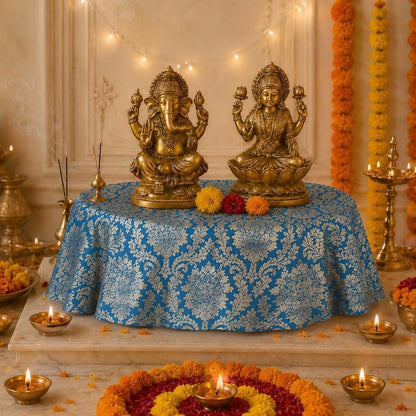 Blue Brocade Silk Round Thali & Chowki Cover | Luxurious Puja Thali Cover