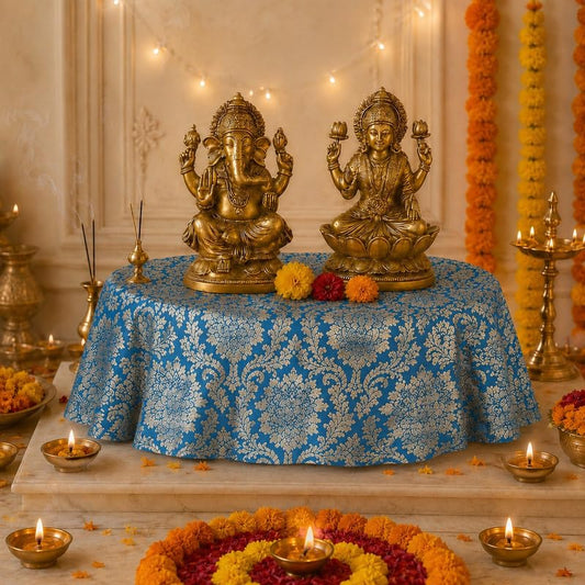 Blue Brocade Silk Round Thali & Chowki Cover | Luxurious Puja Thali Cover