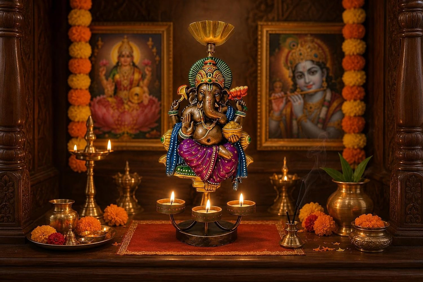 Peshwa Ganesha Diya Stand with Umbrella | Handcrafted Metal Oil Lamp Holder