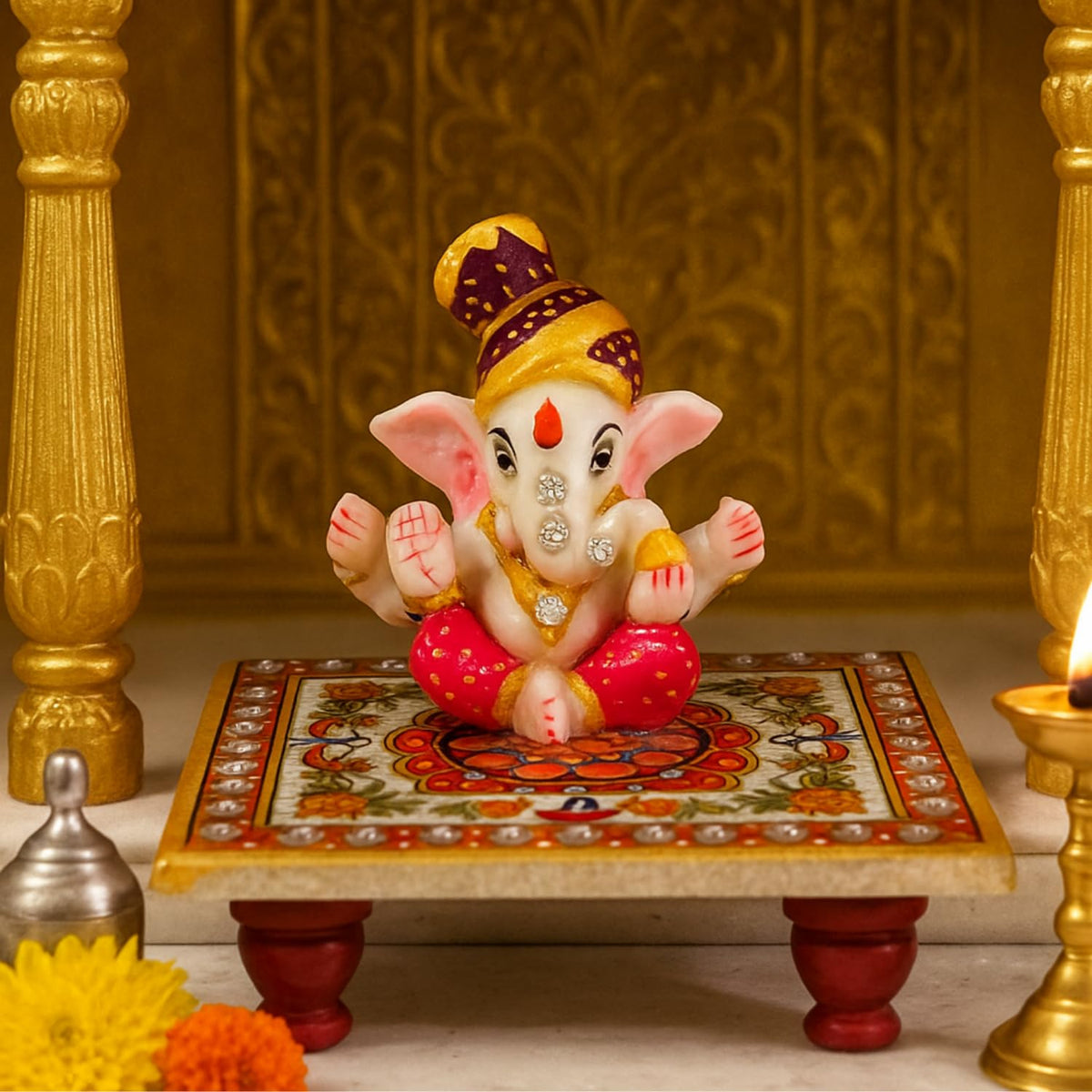 Ganesh Murti Idol on Marble Chowki | 3 Inch Ganpati Statue for Pooja