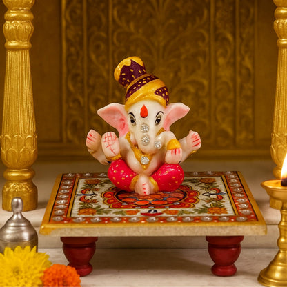 Ganesh Murti Idol on Marble Chowki | 3 Inch Ganpati Statue for Pooja