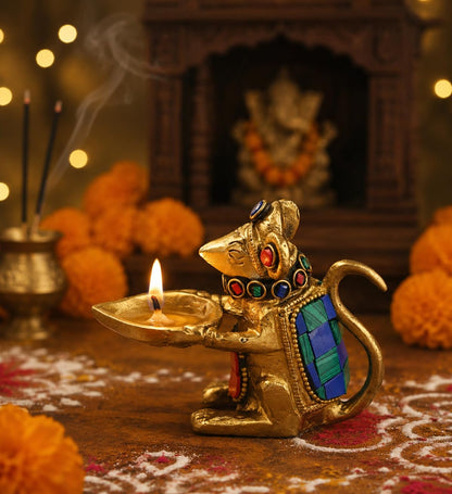 Two Moustaches Brass Ganesha Mouse Oil Lamp Diya