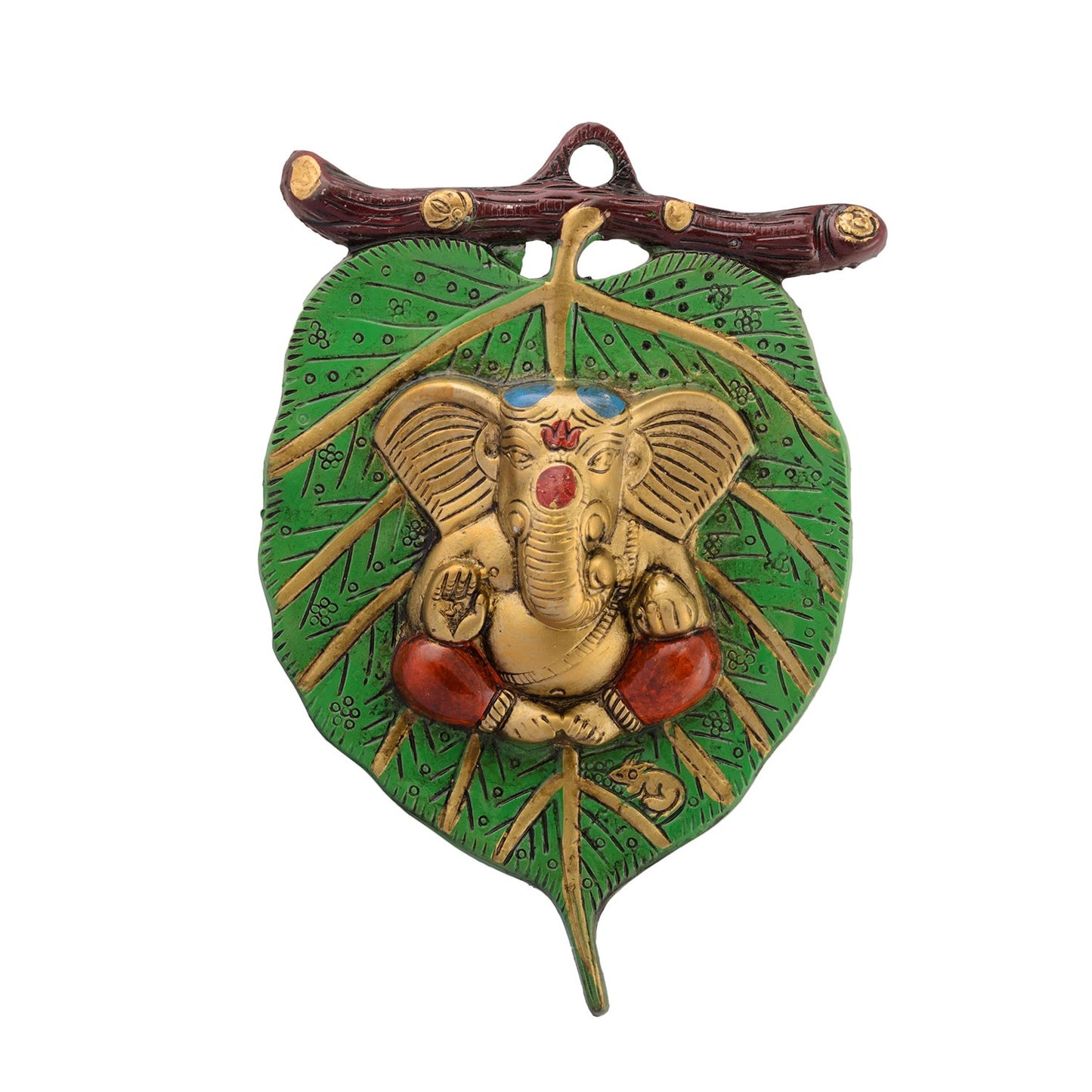 eCraftIndia Metal Golden Lord Ganesha In Red Dhoti On Green Leaf