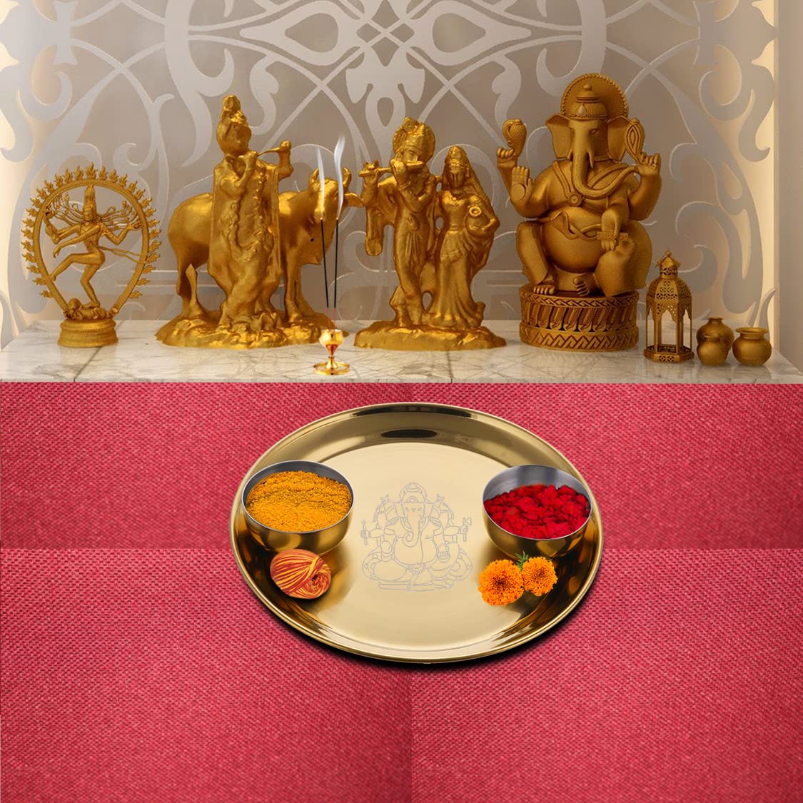 Shri & Sam High Grade Stainless Steel Ganesh Pooja Thali Set Gold PVD Coating