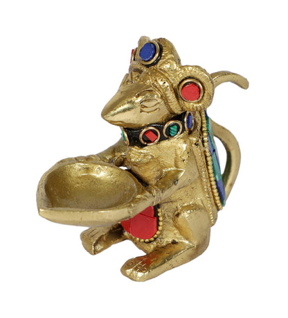 Two Moustaches Brass Ganesha Mouse Oil Lamp Diya