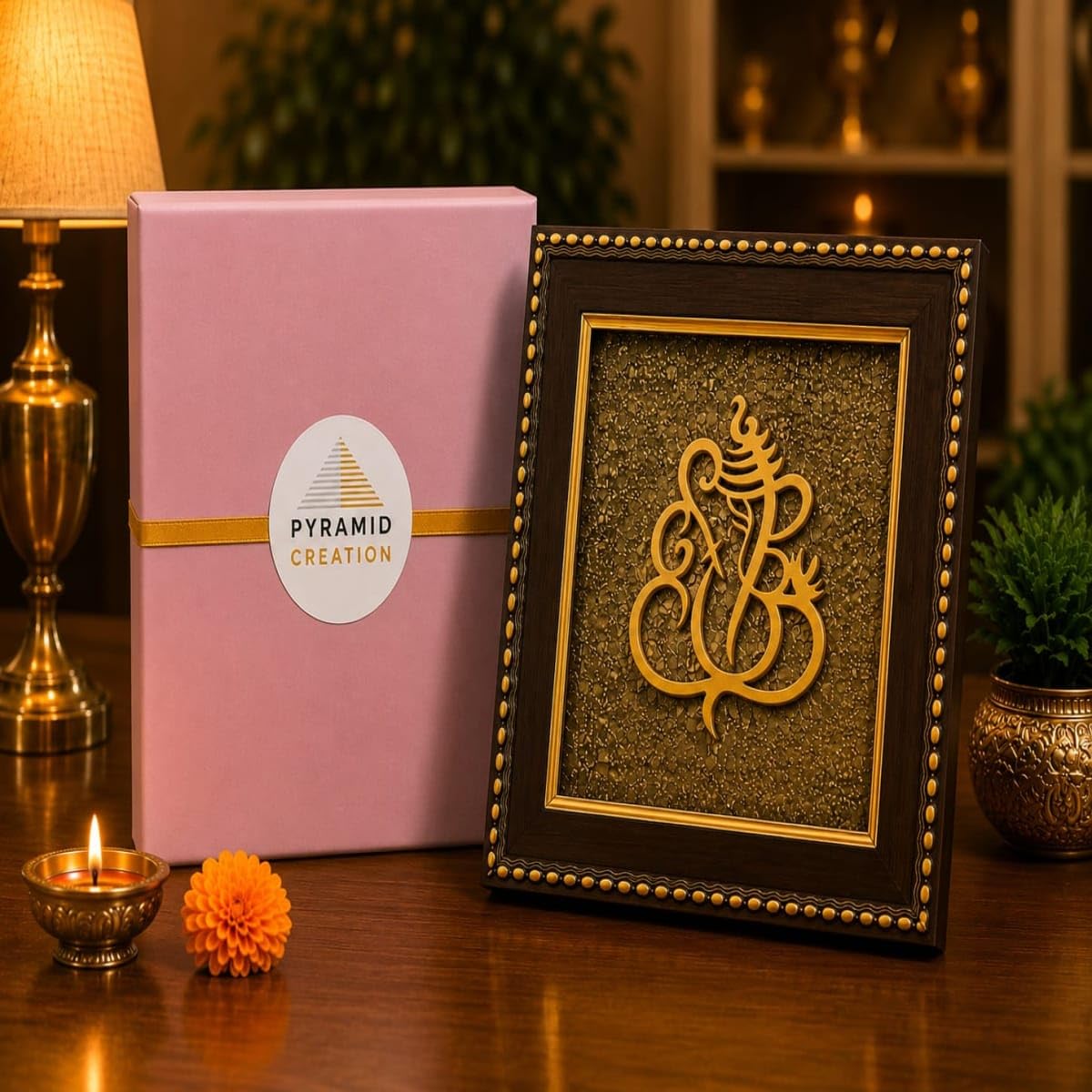 Pyramid Creation Ganesha Pyrite Stone Wooden Wall Frame