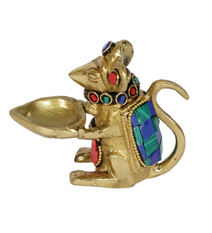 Two Moustaches Brass Ganesha Mouse Oil Lamp Diya