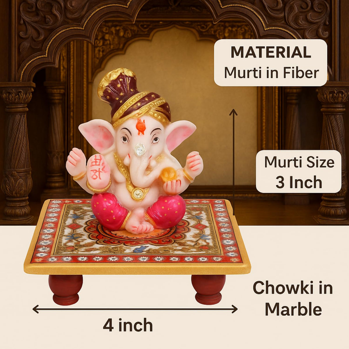 Ganesh Murti Idol on Marble Chowki | 3 Inch Ganpati Statue for Pooja
